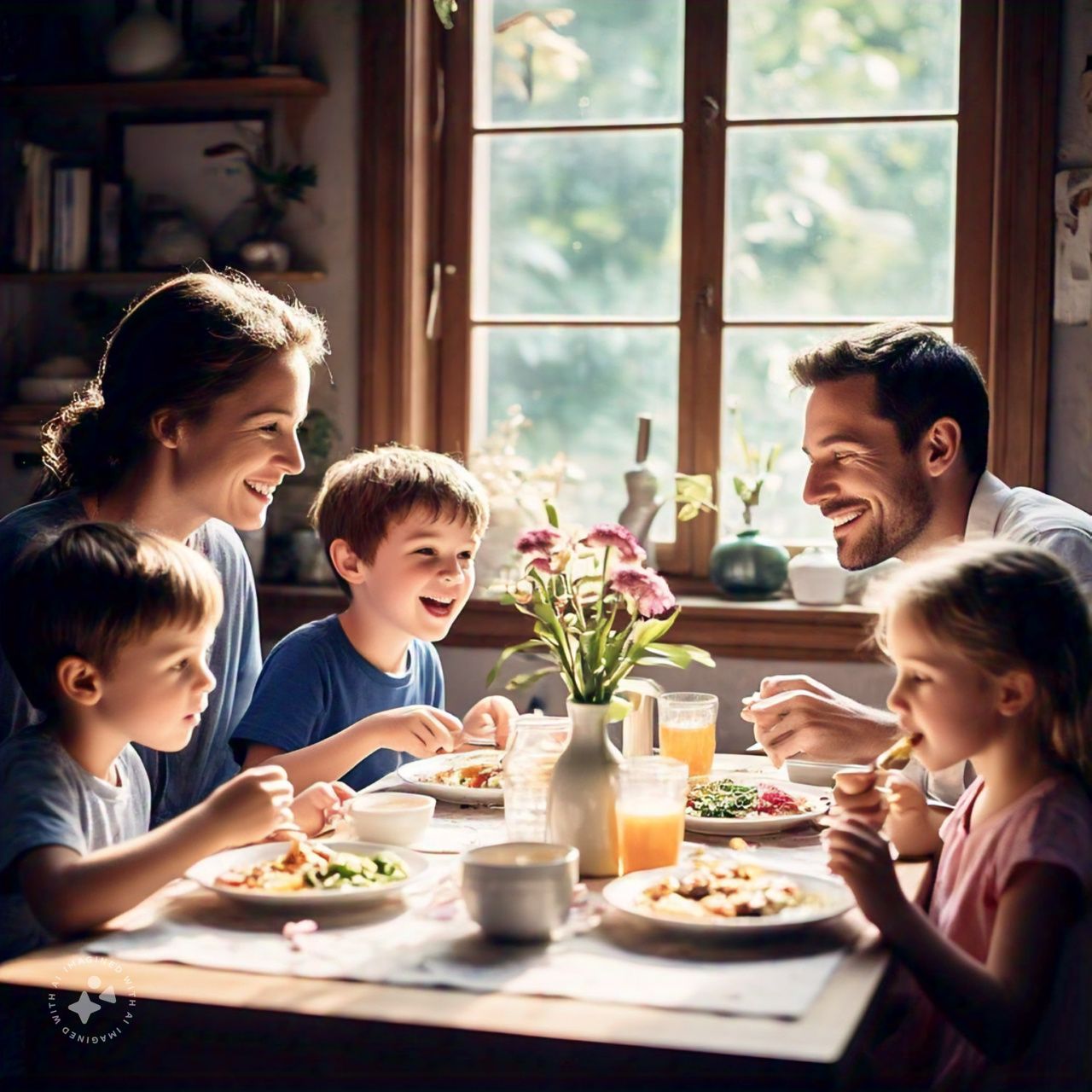 A imagem mostra um lar feliz, por haver uma mulher sabia que edifica esse lar.