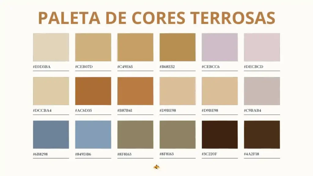 Paleta de cores com tons terrosos, verdes e azuis em um ambiente aconchegante.